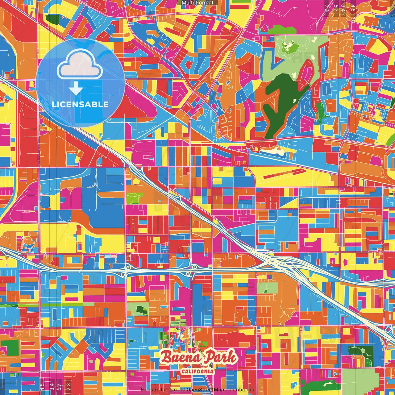 Buena Park, California, United States Crazy Colorful Street Map Poster Template