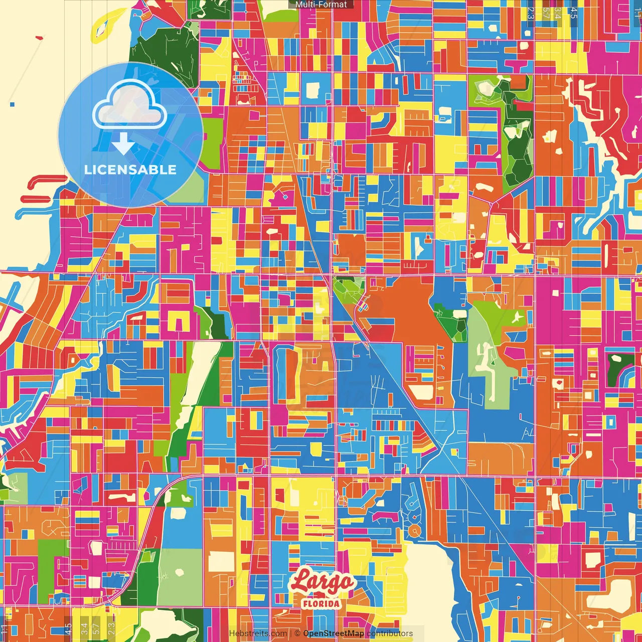 Largo, Florida, United States Crazy Colorful Street Map Poster Template