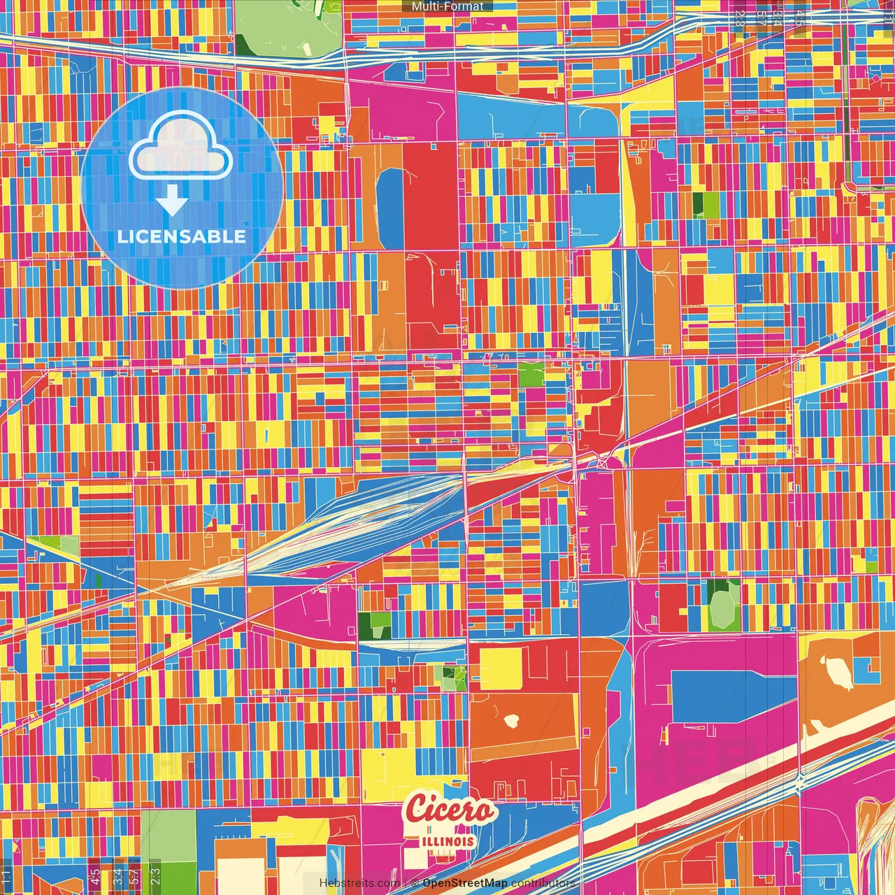 Cicero, Illinois, United States Crazy Colorful Street Map Poster Template