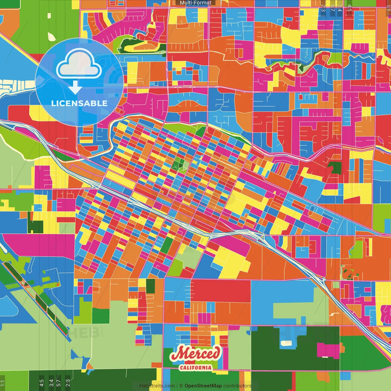 Merced, California, United States Crazy Colorful Street Map Poster Template