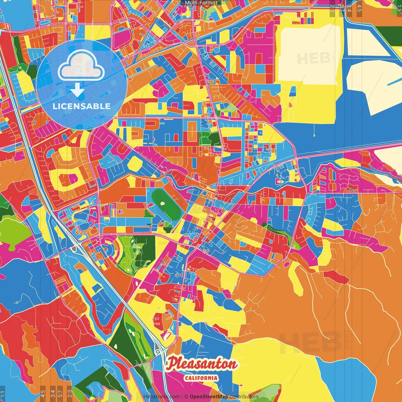 Pleasanton, California, United States Crazy Colorful Street Map Poster Template