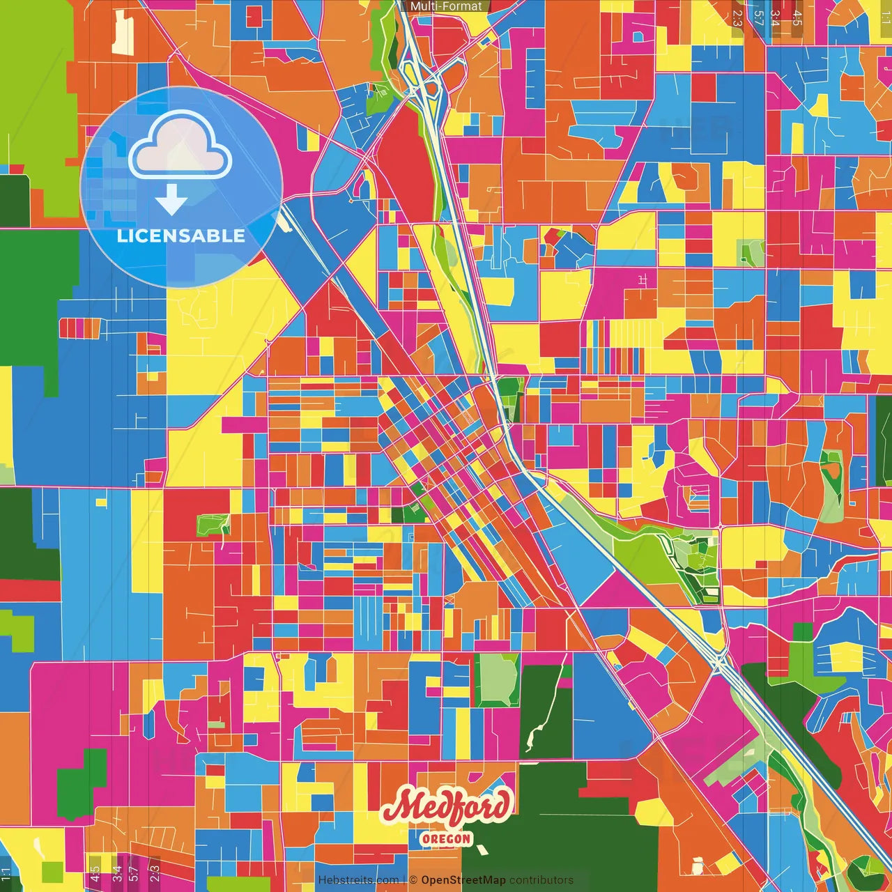 Medford, Oregon, United States Crazy Colorful Street Map Poster Template