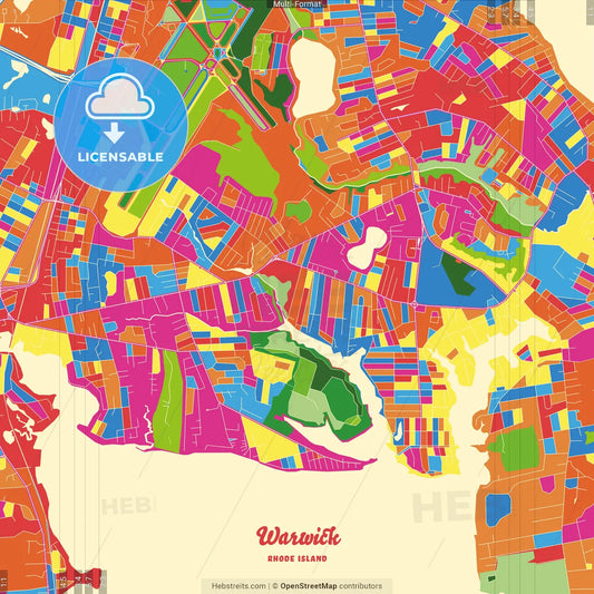 Warwick, Rhode Island, United States Crazy Colorful Street Map Poster Template