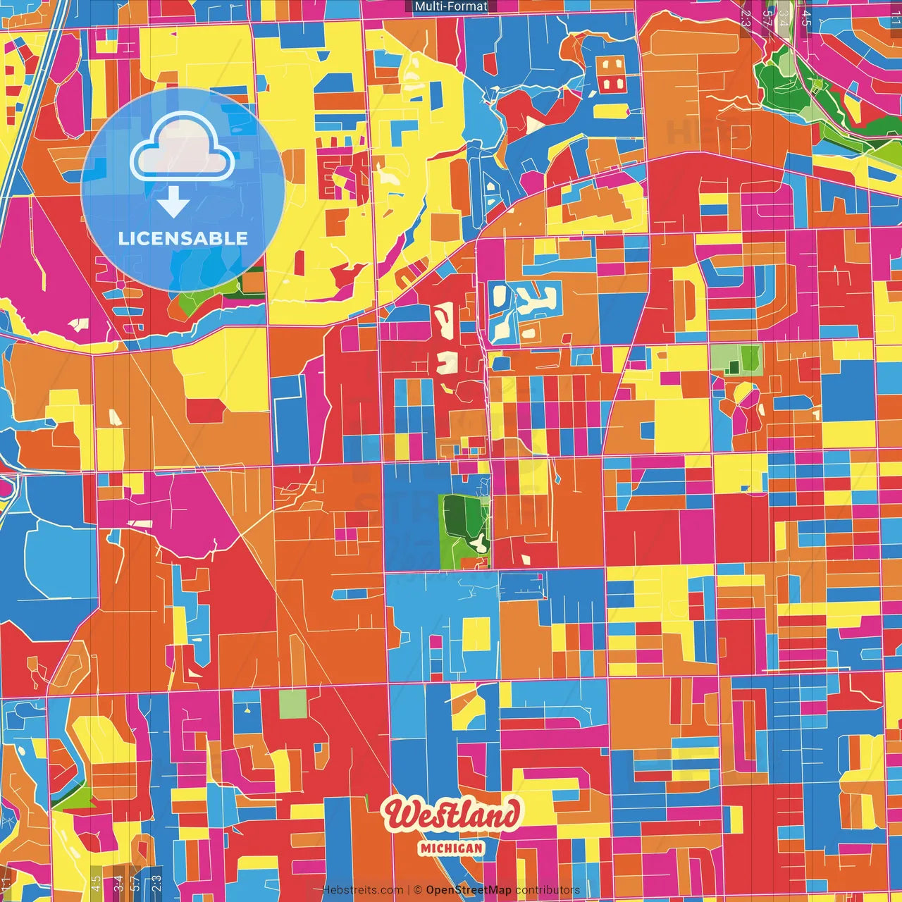 Westland, Michigan, United States Crazy Colorful Street Map Poster Template