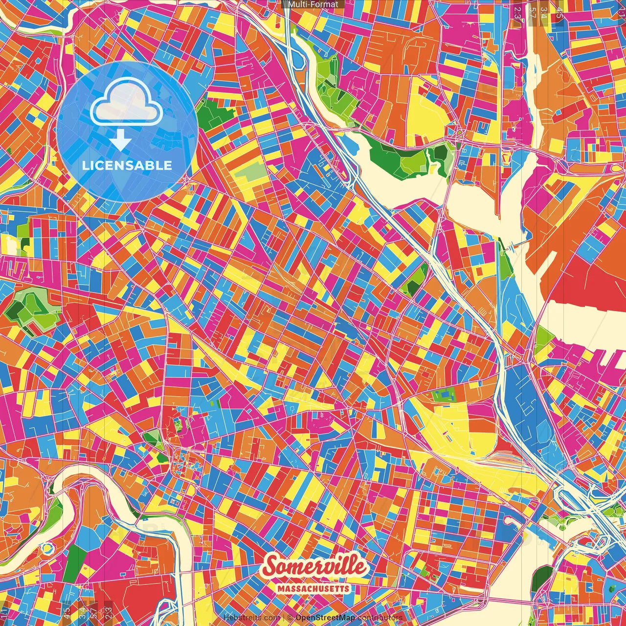 Somerville, Massachusetts, United States Crazy Colorful Street Map Poster Template