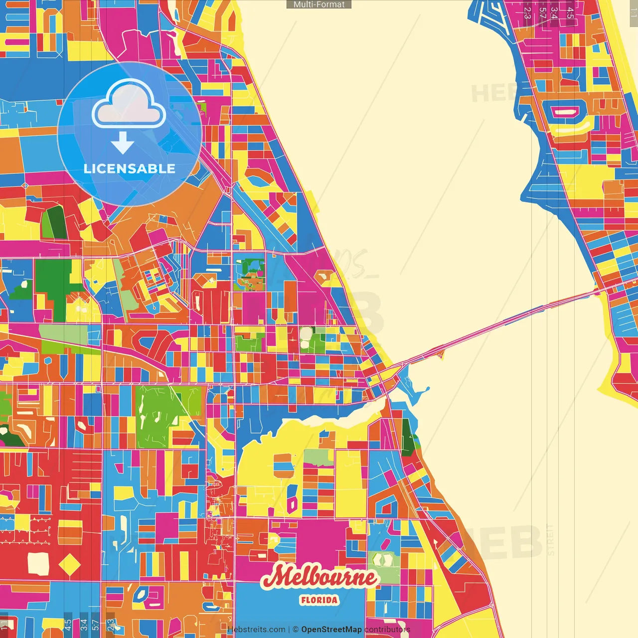 Melbourne, Florida, United States Crazy Colorful Street Map Poster Template