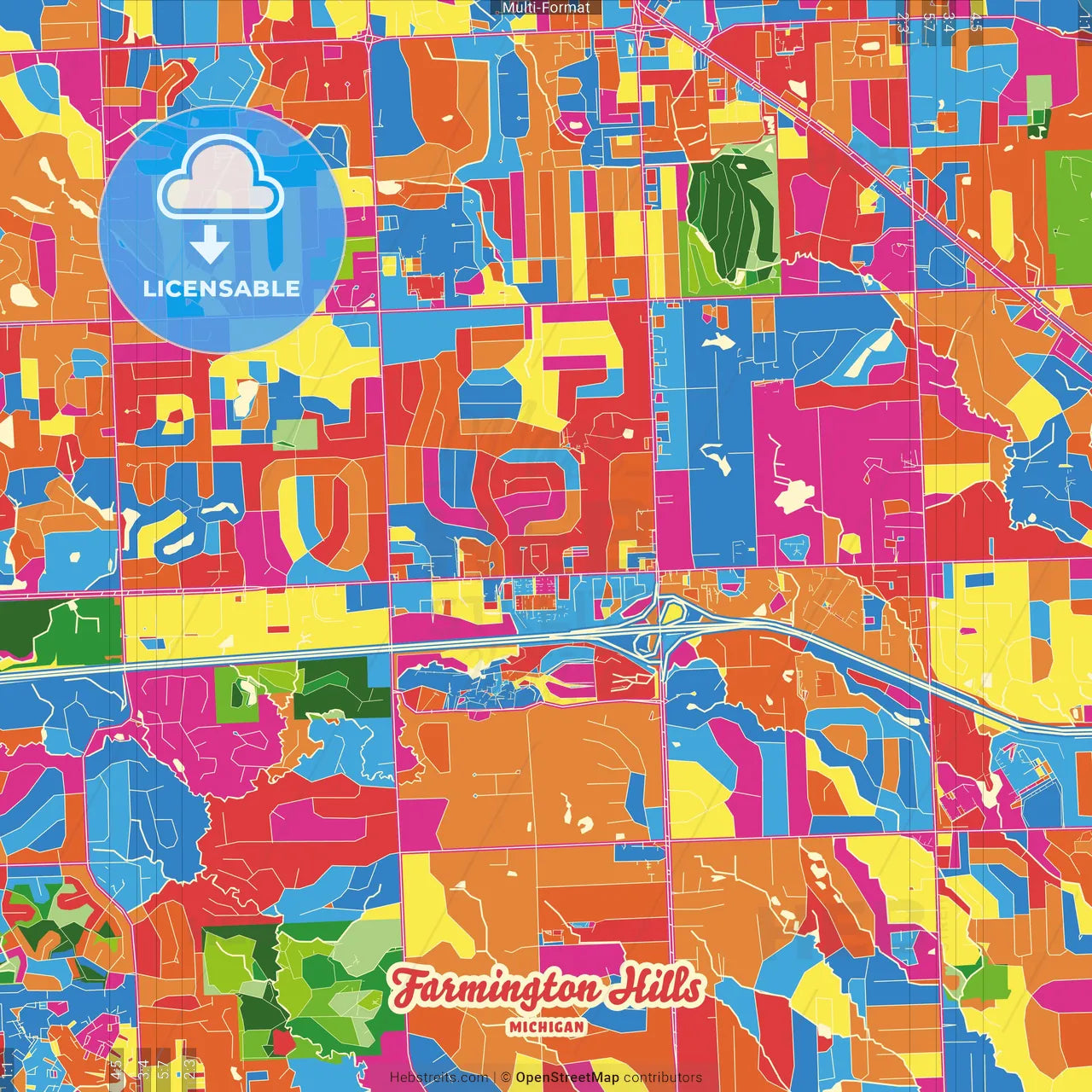 Farmington Hills, Michigan, United States Crazy Colorful Street Map Poster Template