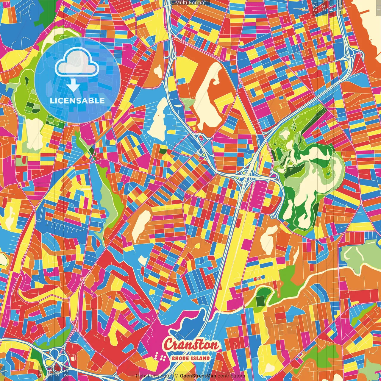 Cranston, Rhode Island, United States Crazy Colorful Street Map Poster Template