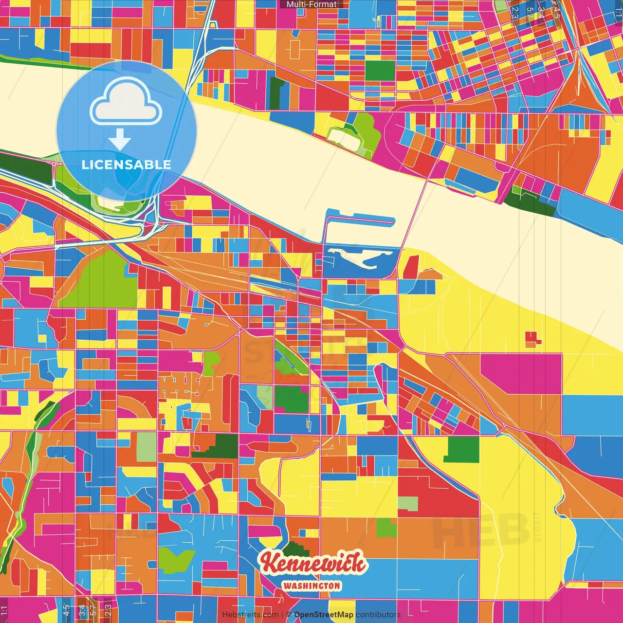 Kennewick, Washington, United States Crazy Colorful Street Map Poster Template