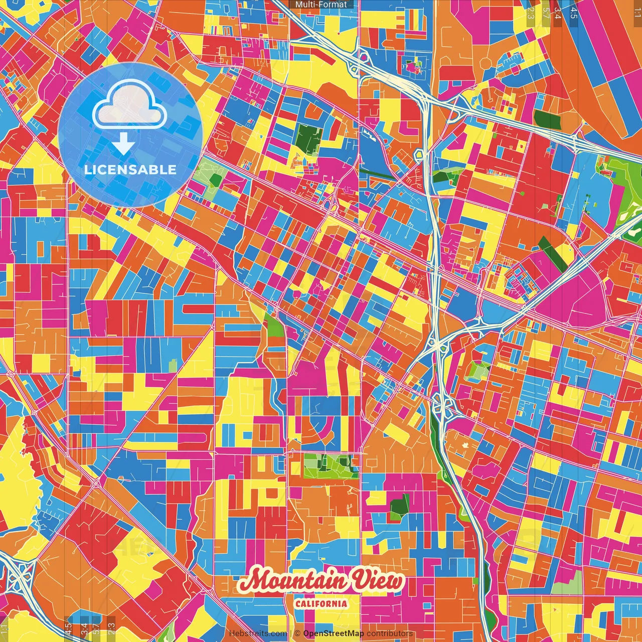 Mountain View, California, United States Crazy Colorful Street Map Poster Template