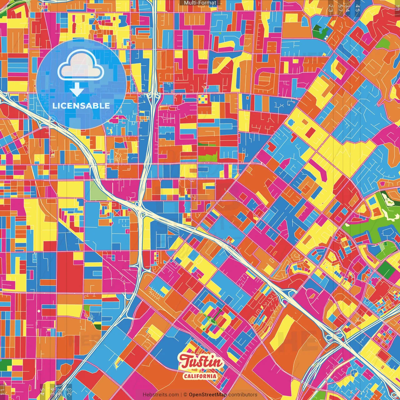 Tustin, California, United States Crazy Colorful Street Map Poster Template