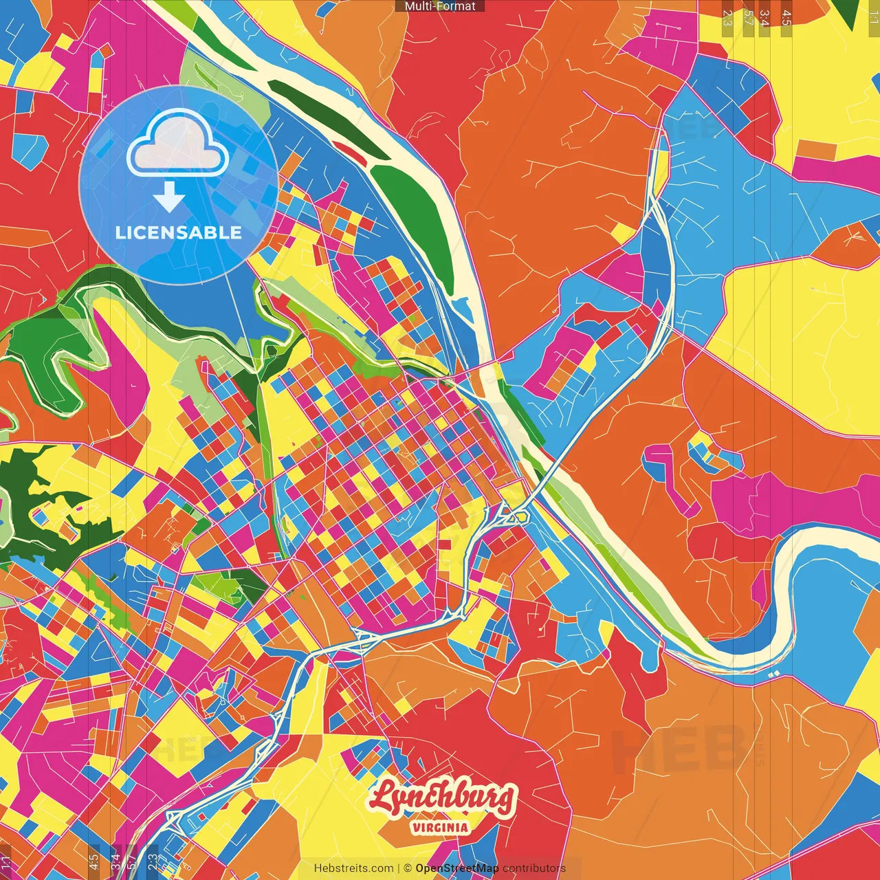 Lynchburg, Virginia, United States Crazy Colorful Street Map Poster Template