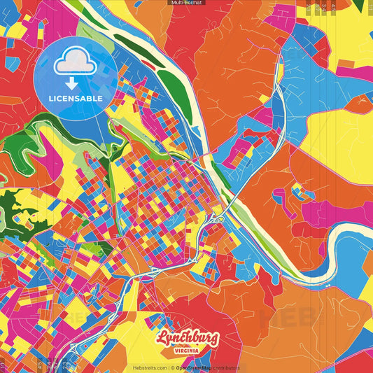 Lynchburg, Virginia, United States Crazy Colorful Street Map Poster Template