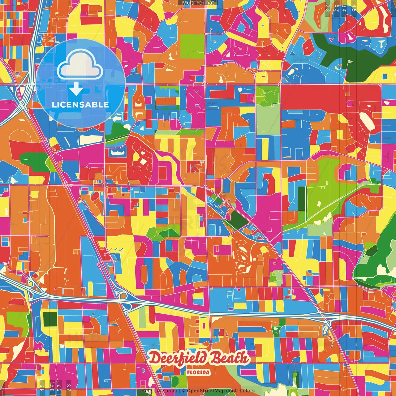 Deerfield Beach, Florida, United States Crazy Colorful Street Map Poster Template