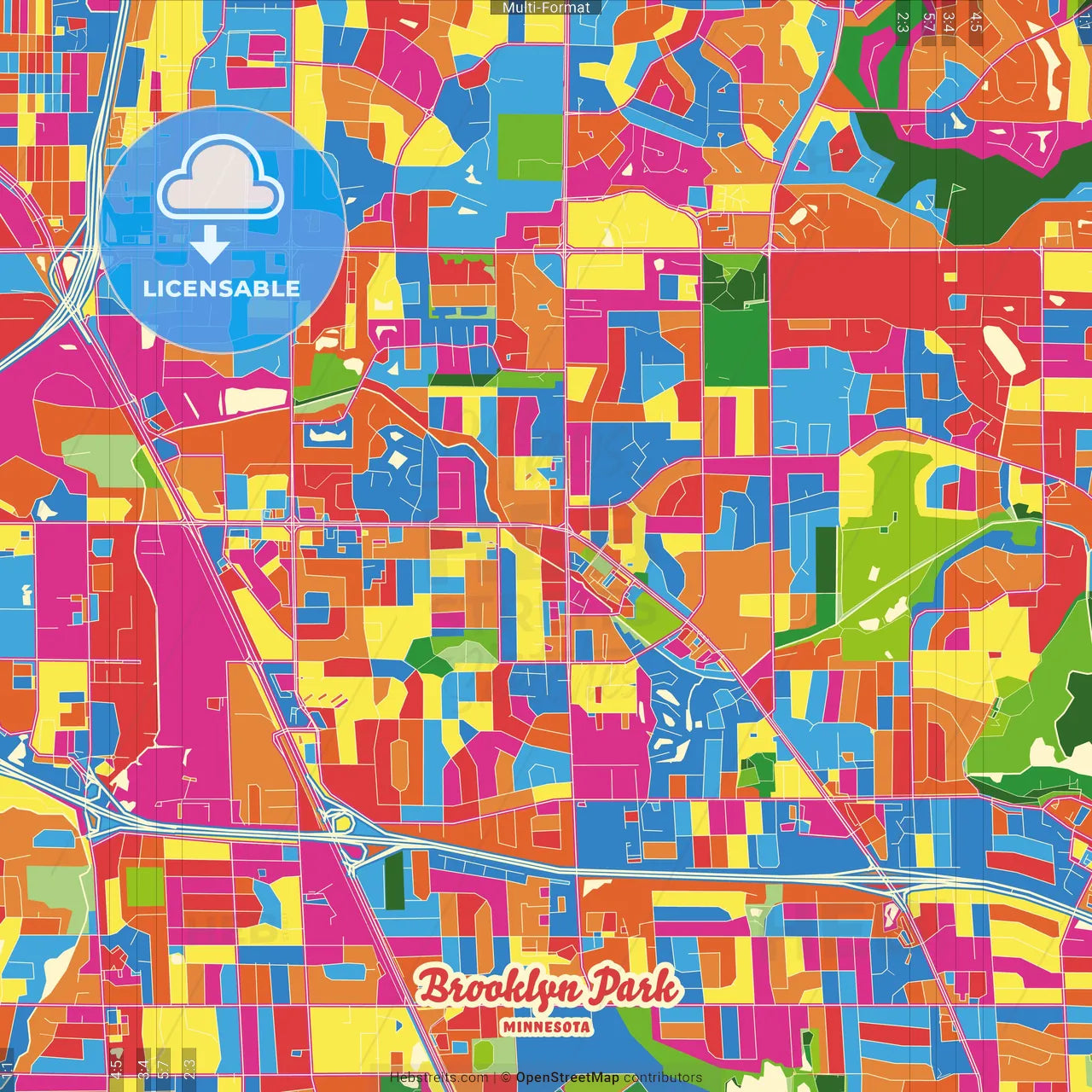 Brooklyn Park, Minnesota, United States Crazy Colorful Street Map Poster Template