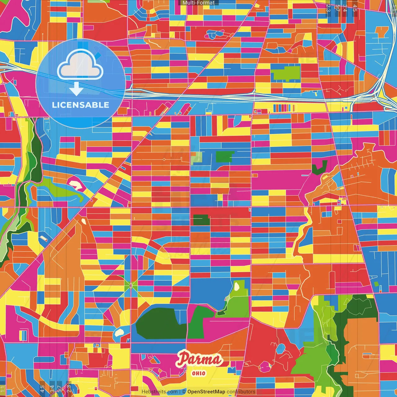 Parma, Ohio, United States Crazy Colorful Street Map Poster Template