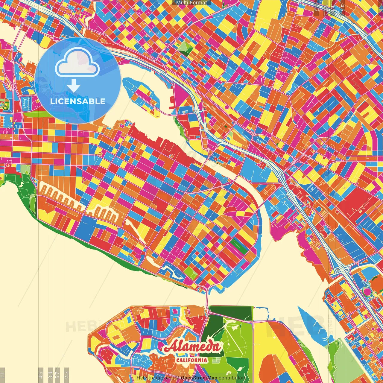 Alameda, California, United States Crazy Colorful Street Map Poster Template