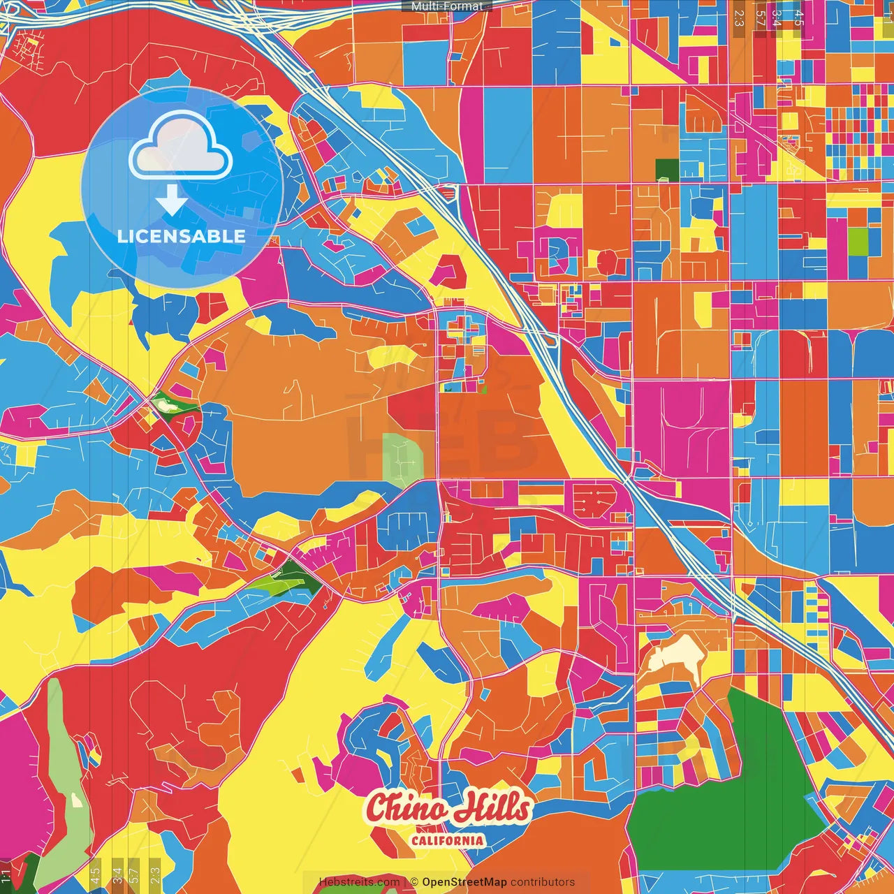 Chino Hills, California, United States Crazy Colorful Street Map Poster Template