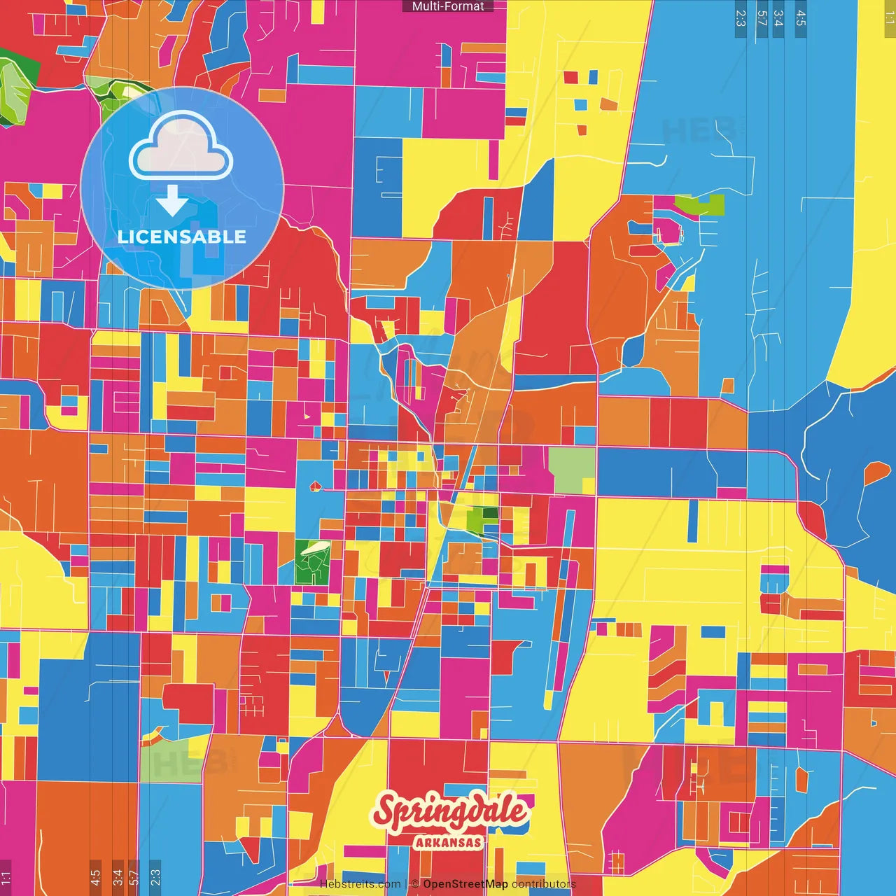 Springdale, Arkansas, United States Crazy Colorful Street Map Poster Template