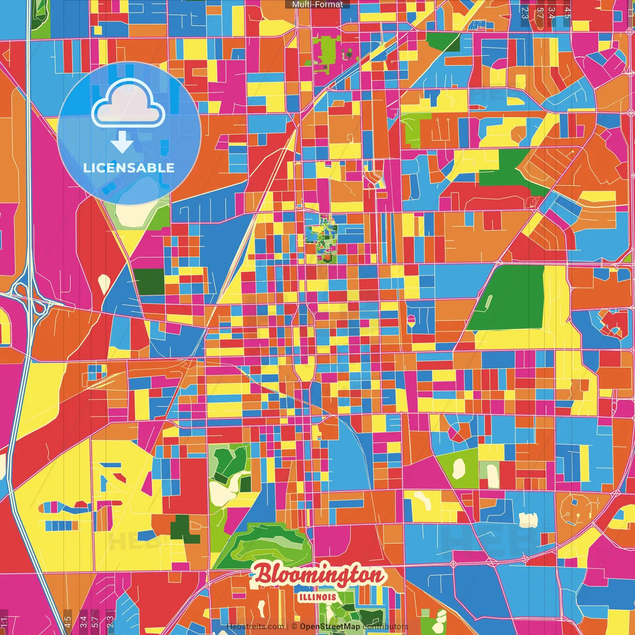 Bloomington, Illinois, United States Crazy Colorful Street Map Poster Template