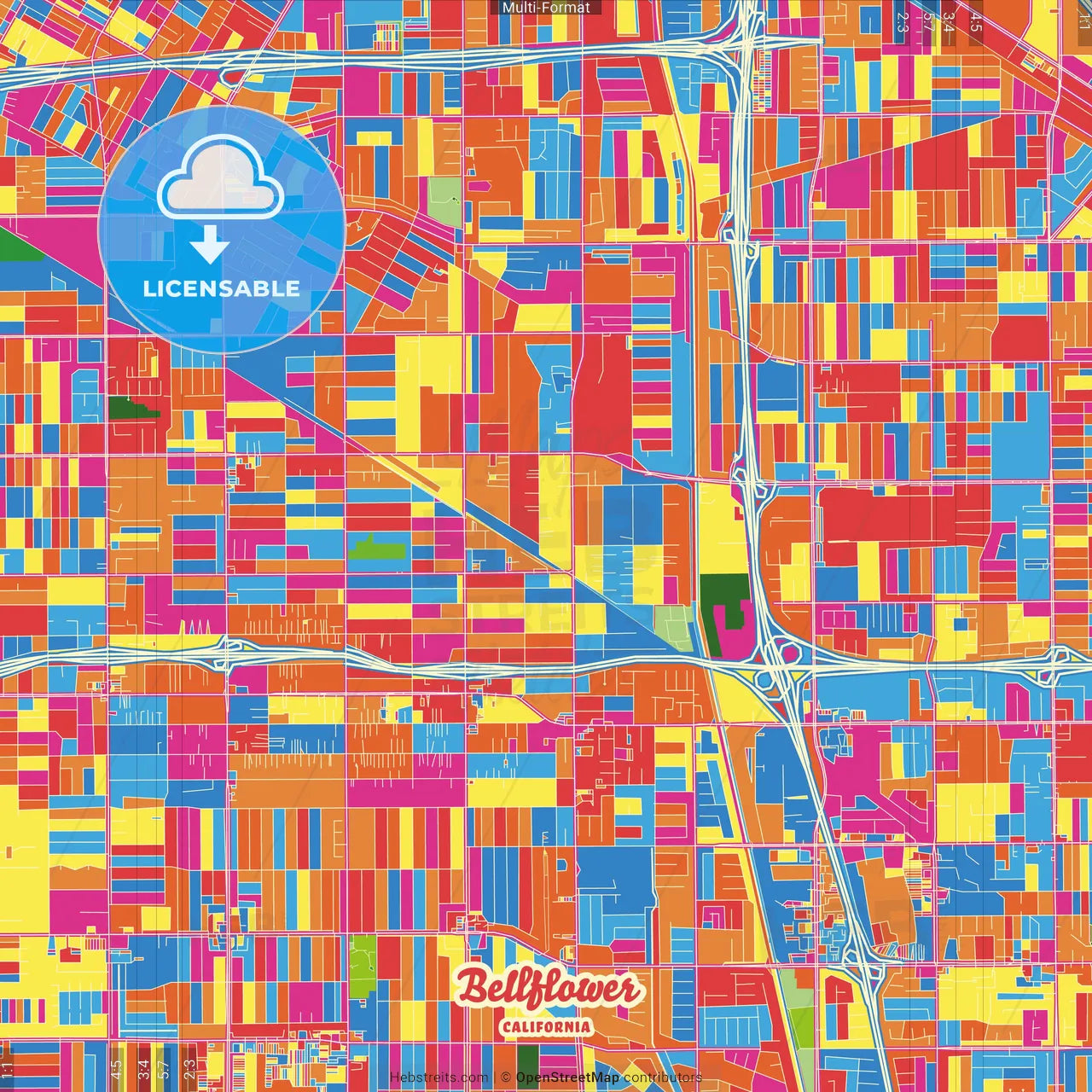 Bellflower, California, United States Crazy Colorful Street Map Poster Template