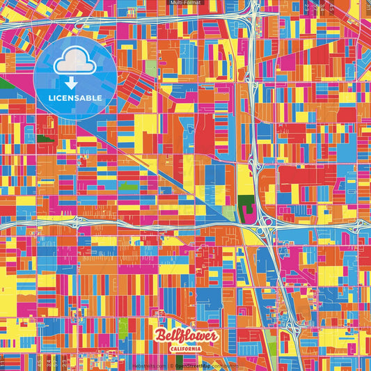 Bellflower, California, United States Crazy Colorful Street Map Poster Template