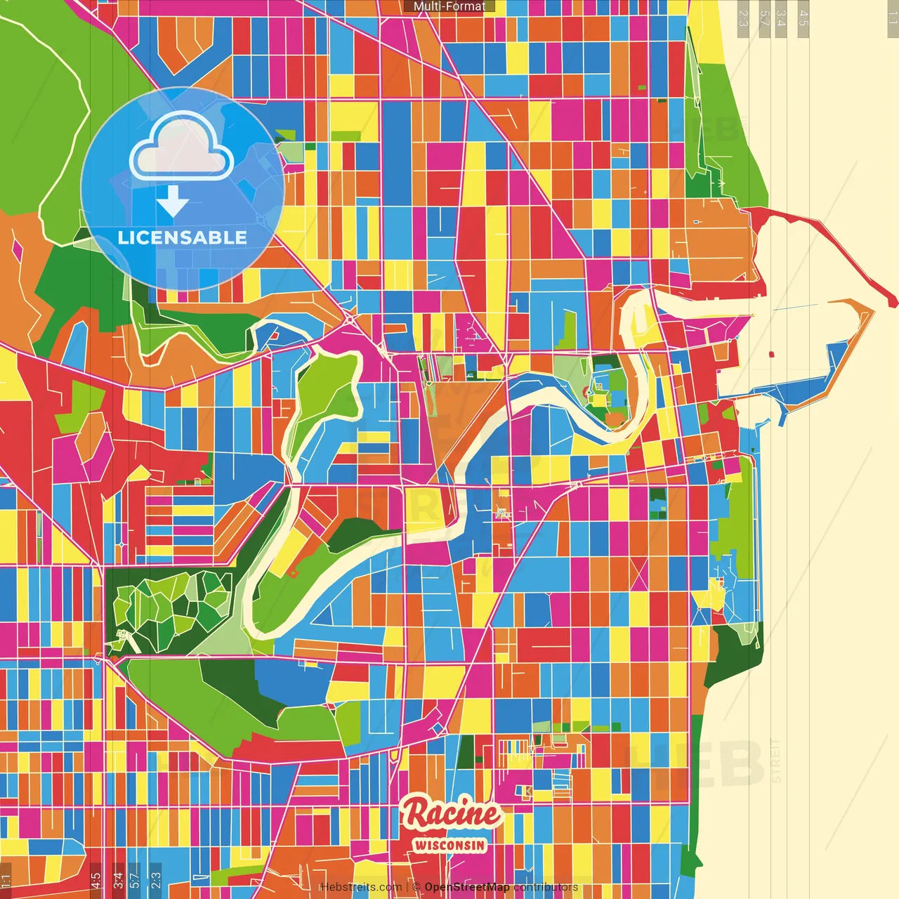 Racine, Wisconsin, United States Crazy Colorful Street Map Poster Template