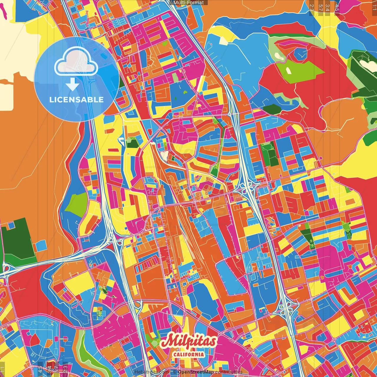 Milpitas, California, United States Crazy Colorful Street Map Poster Template