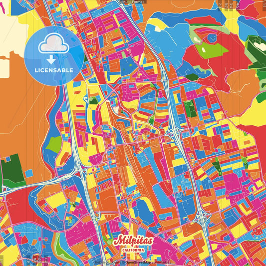Milpitas, California, United States Crazy Colorful Street Map Poster Template