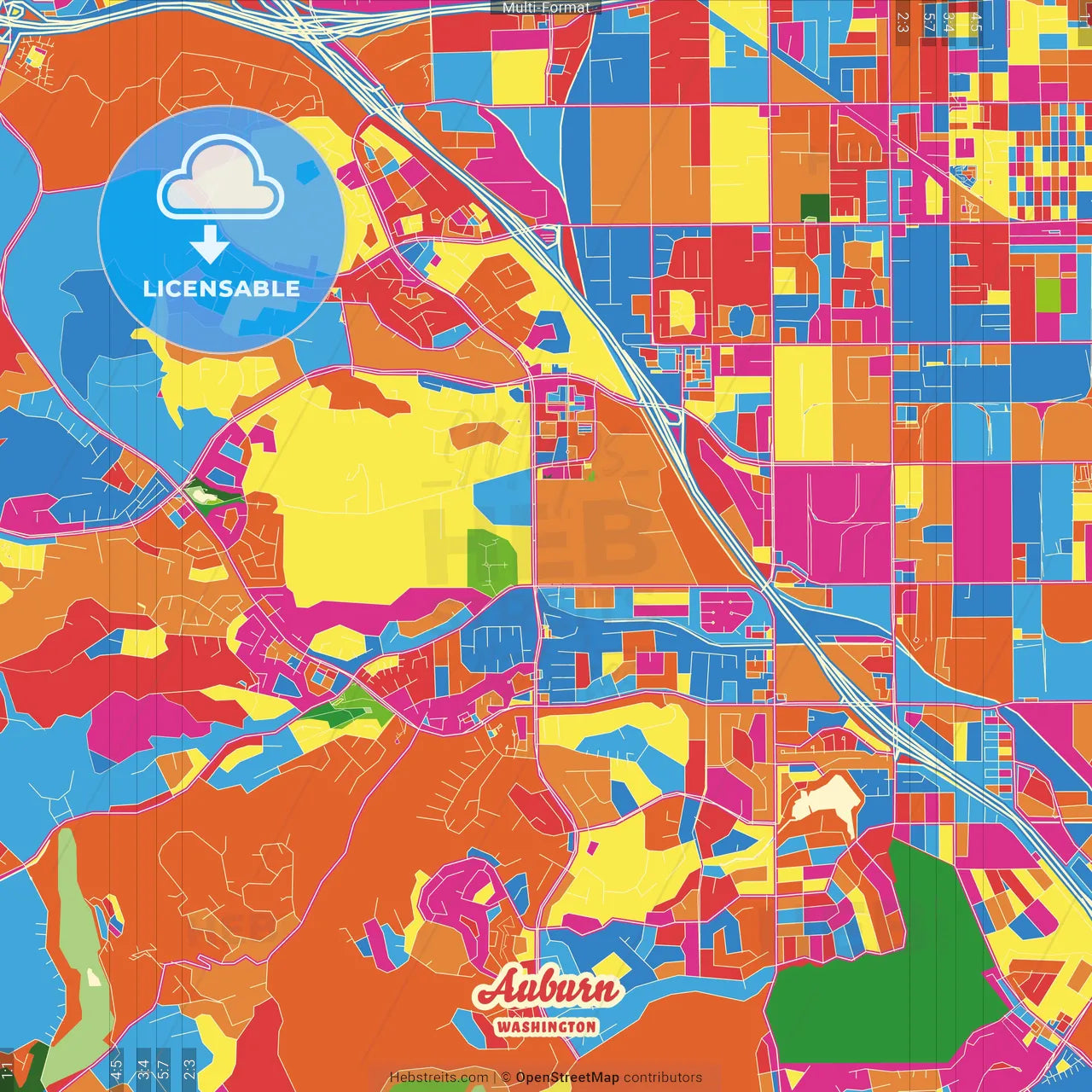Auburn, Washington, United States Crazy Colorful Street Map Poster Template