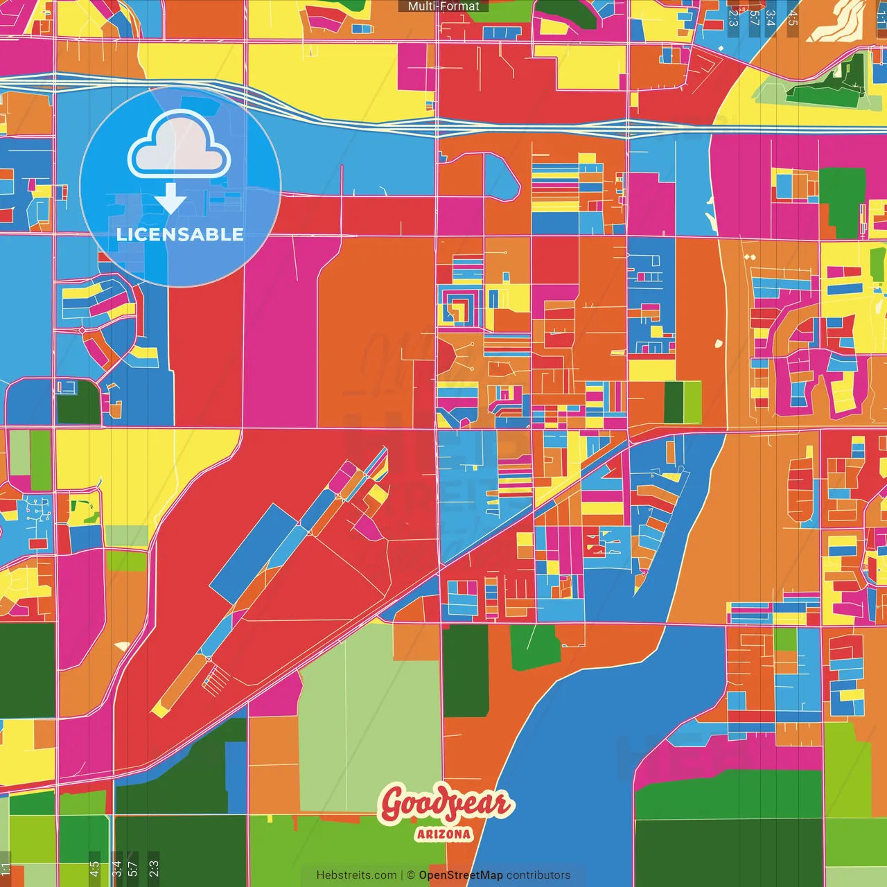 Goodyear, Arizona, United States Crazy Colorful Street Map Poster Template