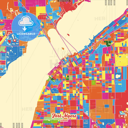 Fort Myers, Florida, United States Crazy Colorful Street Map Poster Template