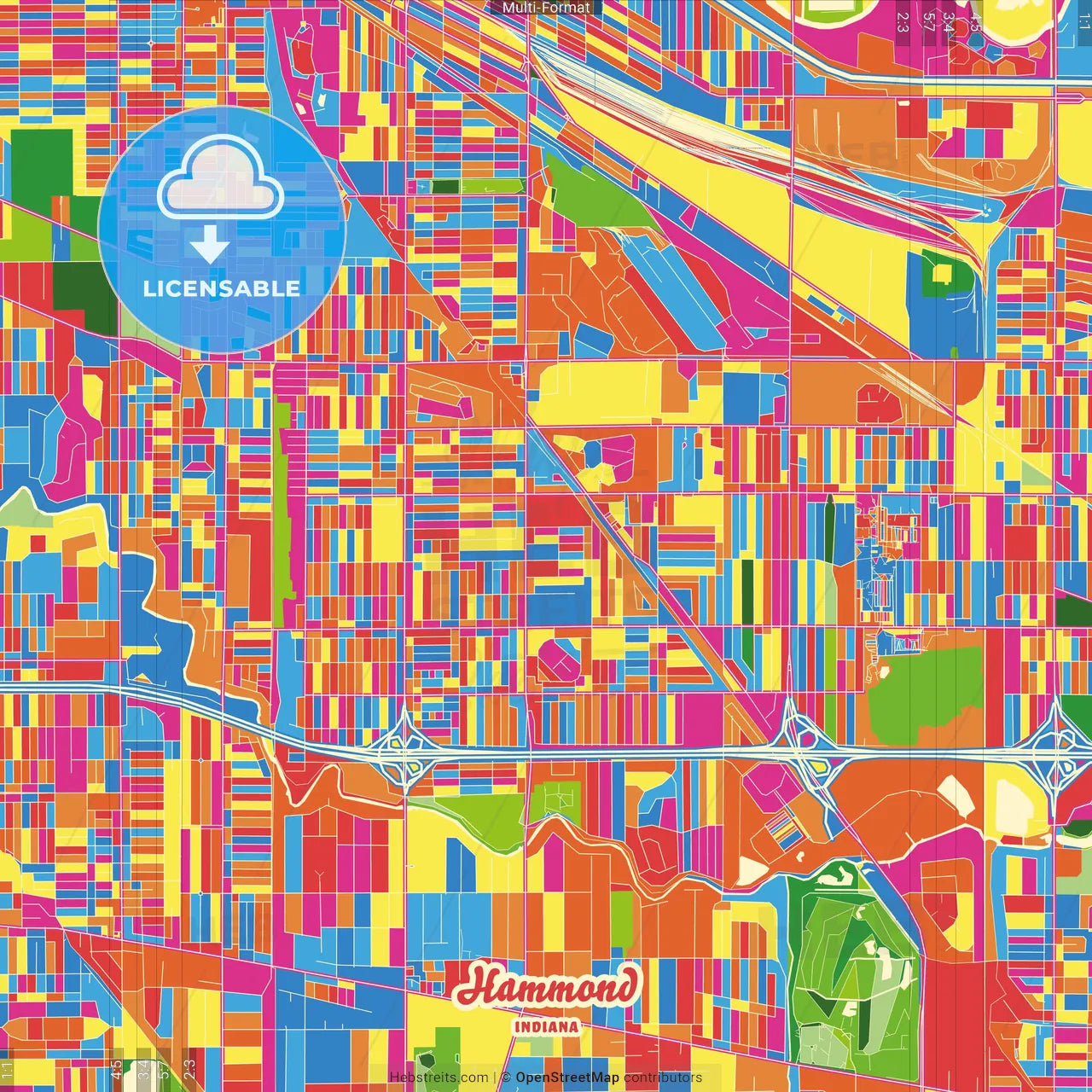 Hammond, Indiana, United States Crazy Colorful Street Map Poster Template