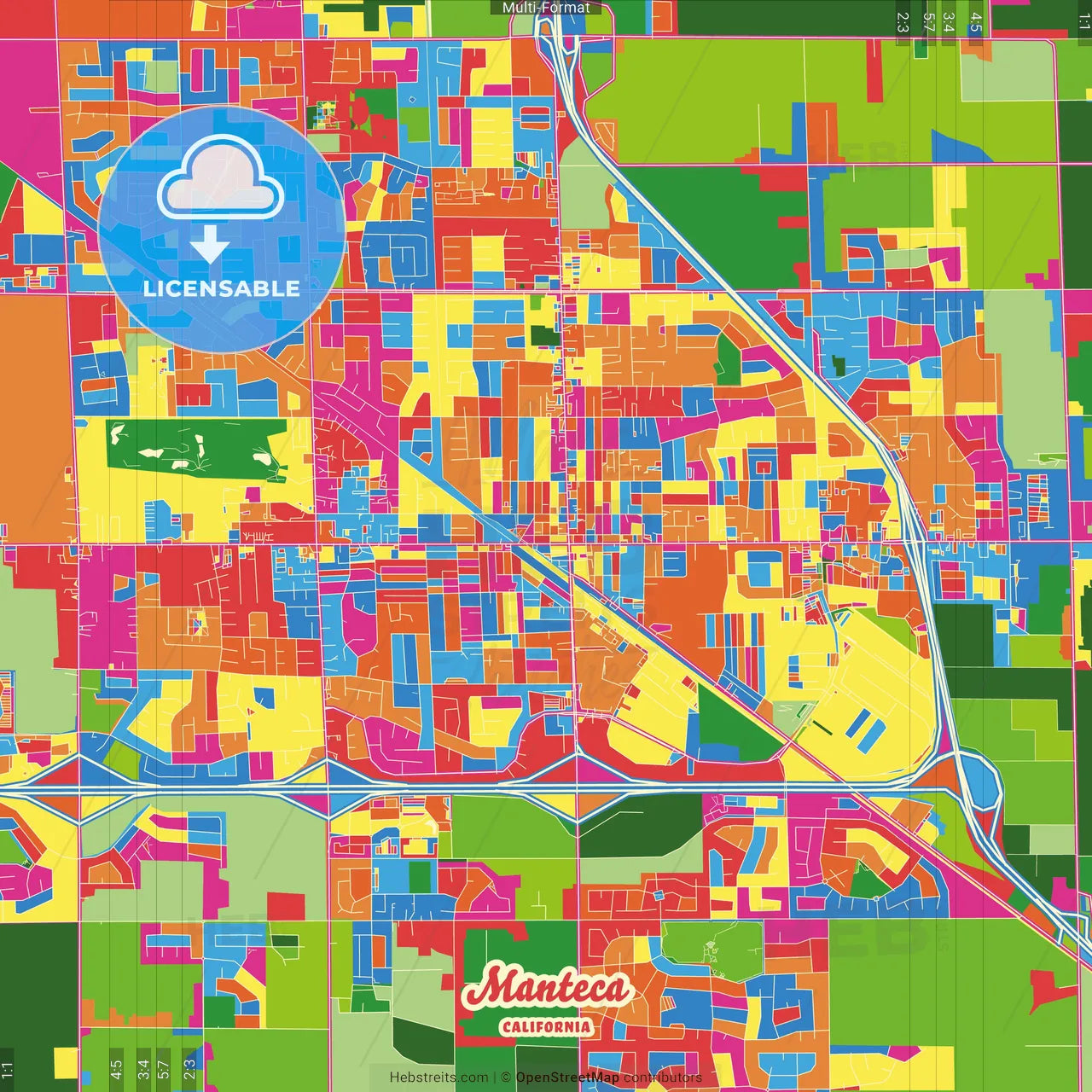 Manteca, California, United States Crazy Colorful Street Map Poster Template
