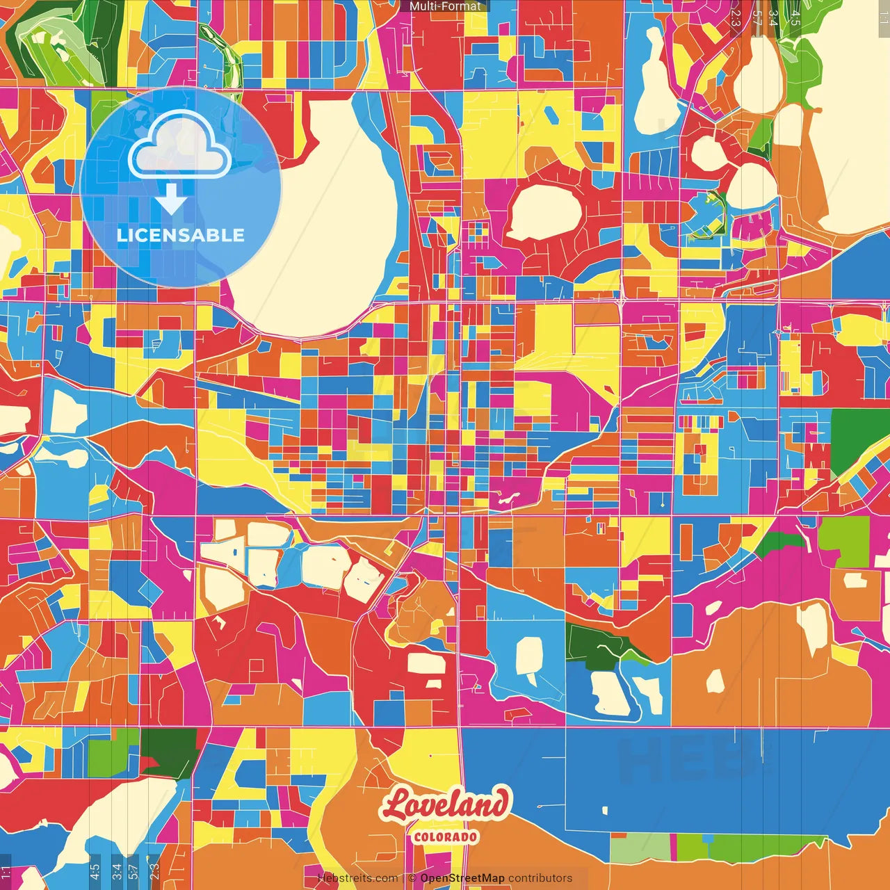Loveland, Colorado, United States Crazy Colorful Street Map Poster Template