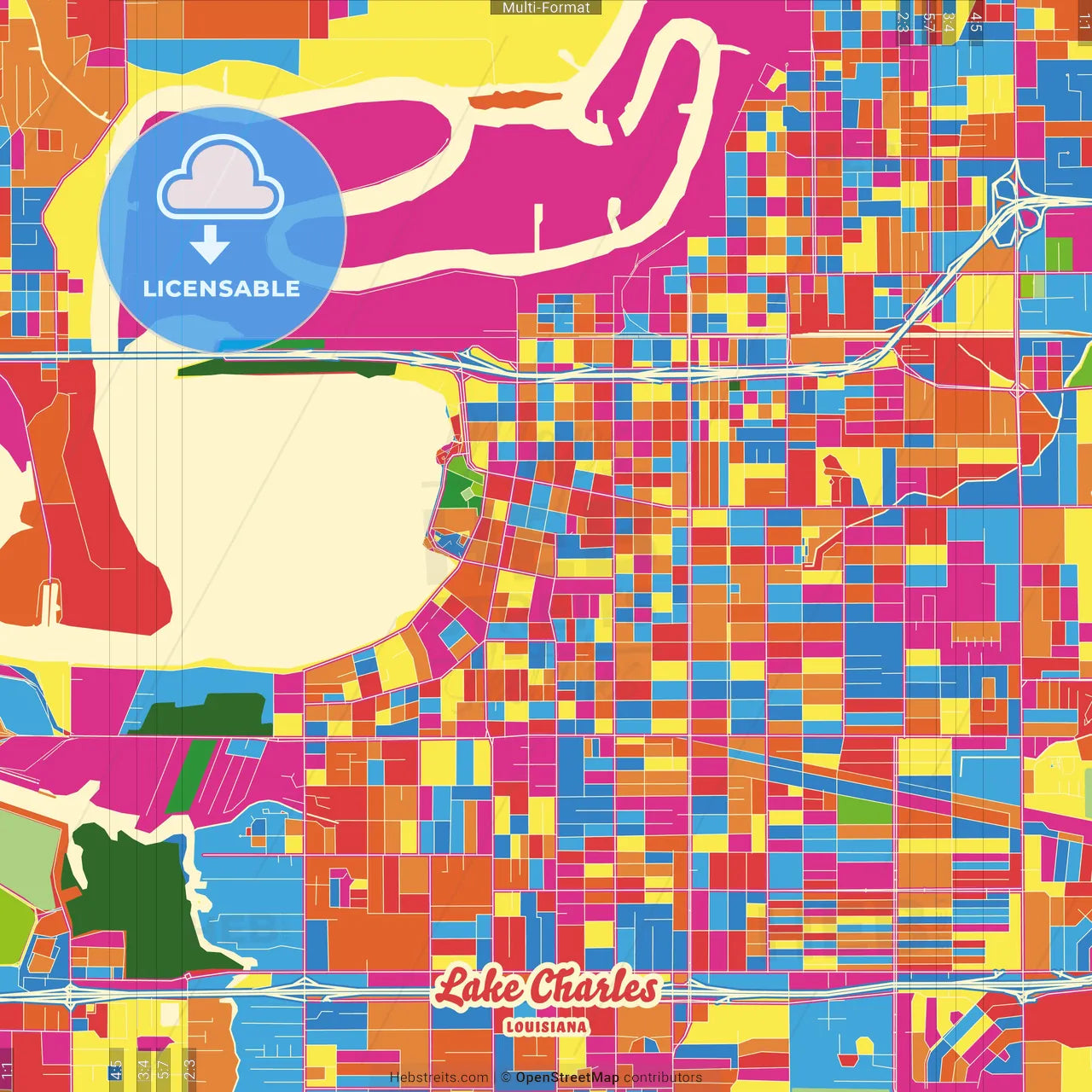 Lake Charles, Louisiana, United States Crazy Colorful Street Map Poster Template