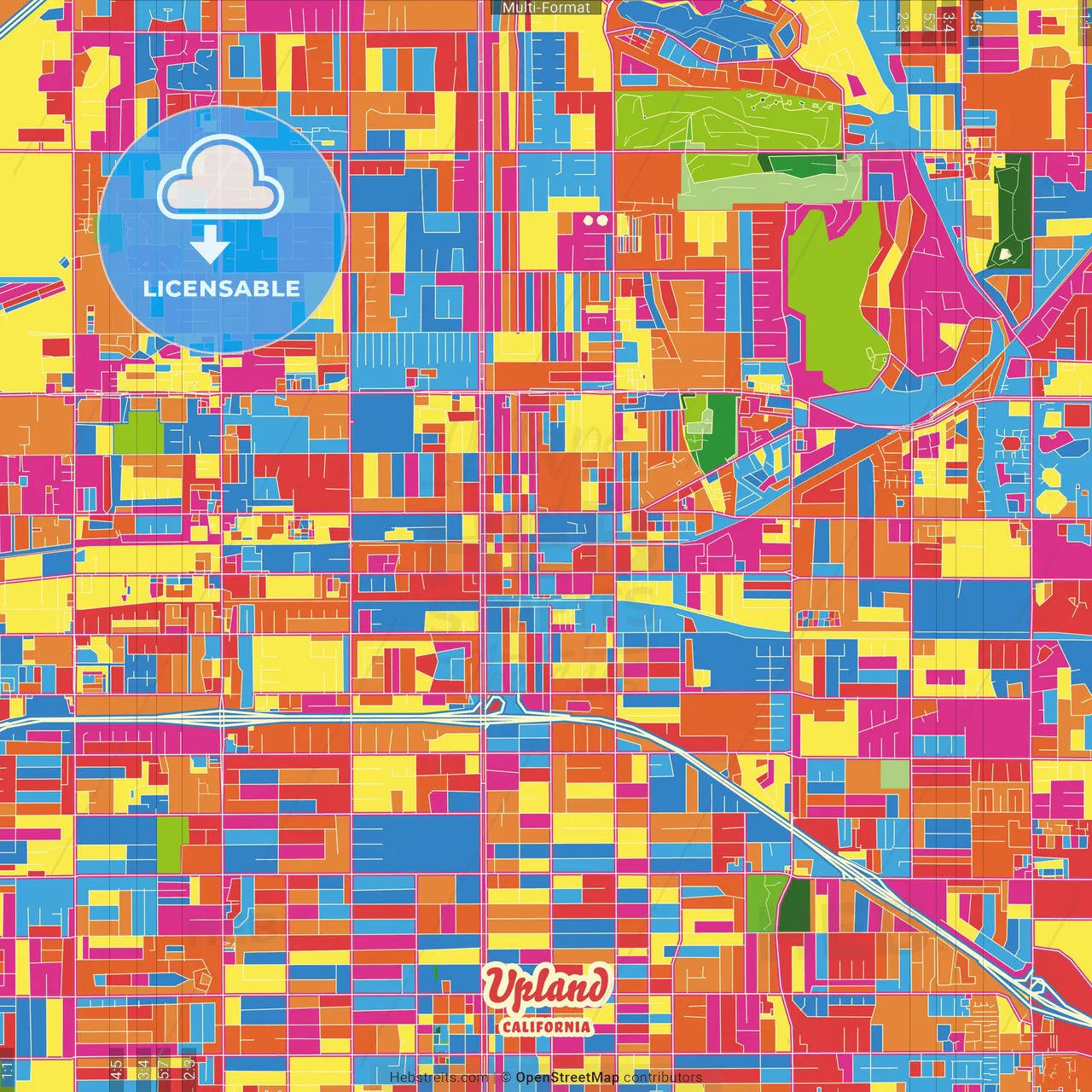 Upland, California, United States Crazy Colorful Street Map Poster Template