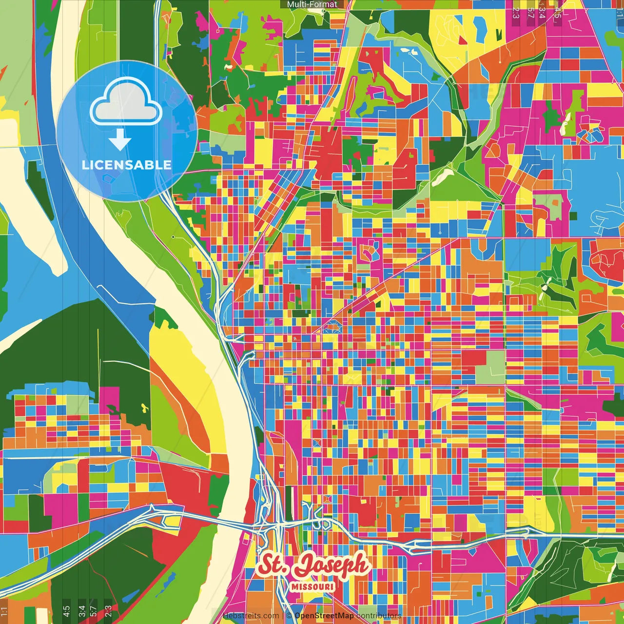 St. Joseph, Missouri, United States Crazy Colorful Street Map Poster Template