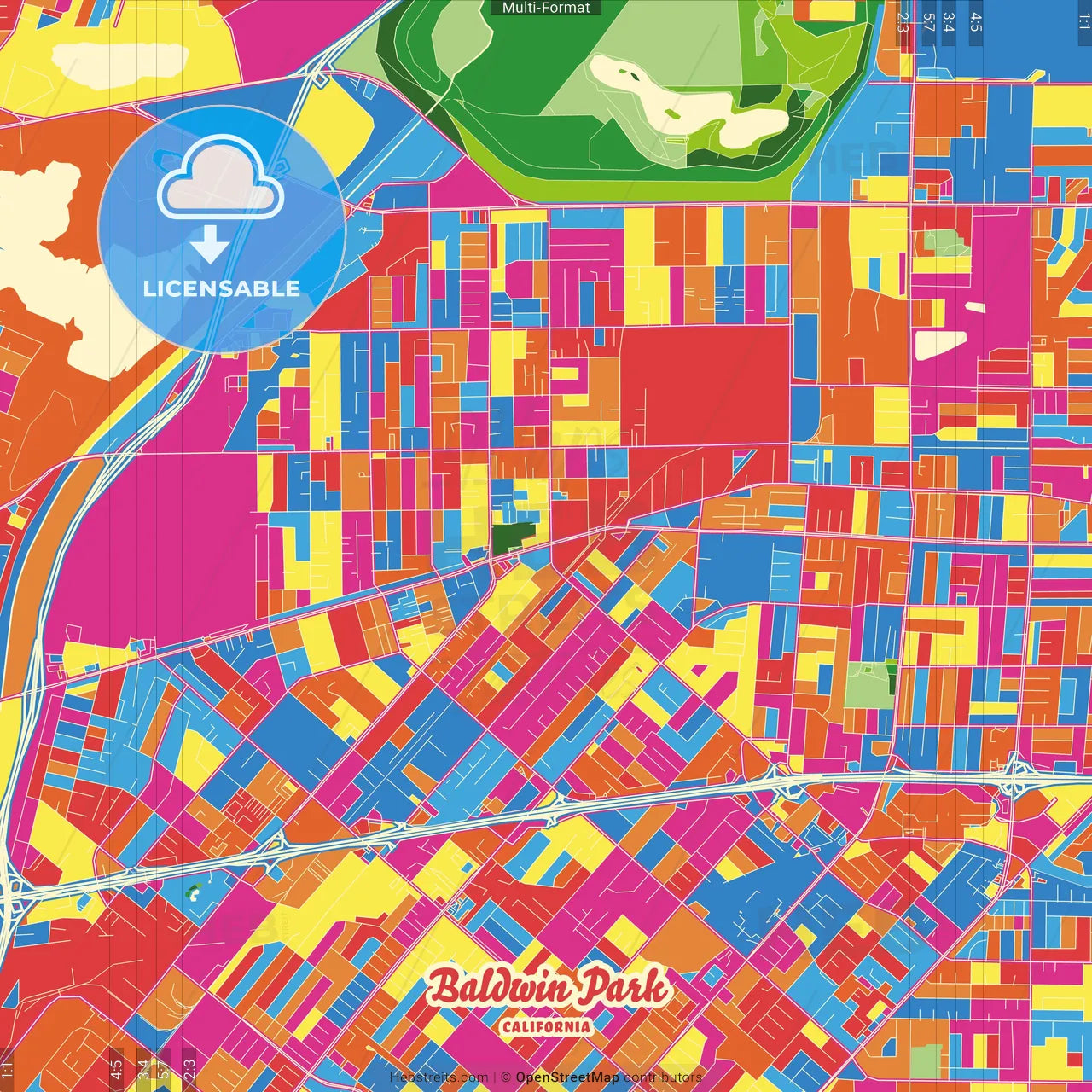 Baldwin Park, California, United States Crazy Colorful Street Map Poster Template