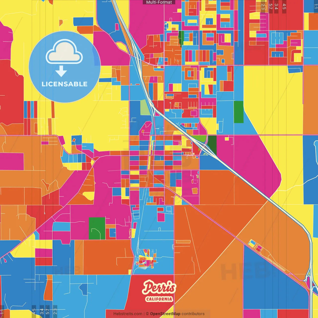 Perris, California, United States Crazy Colorful Street Map Poster Template