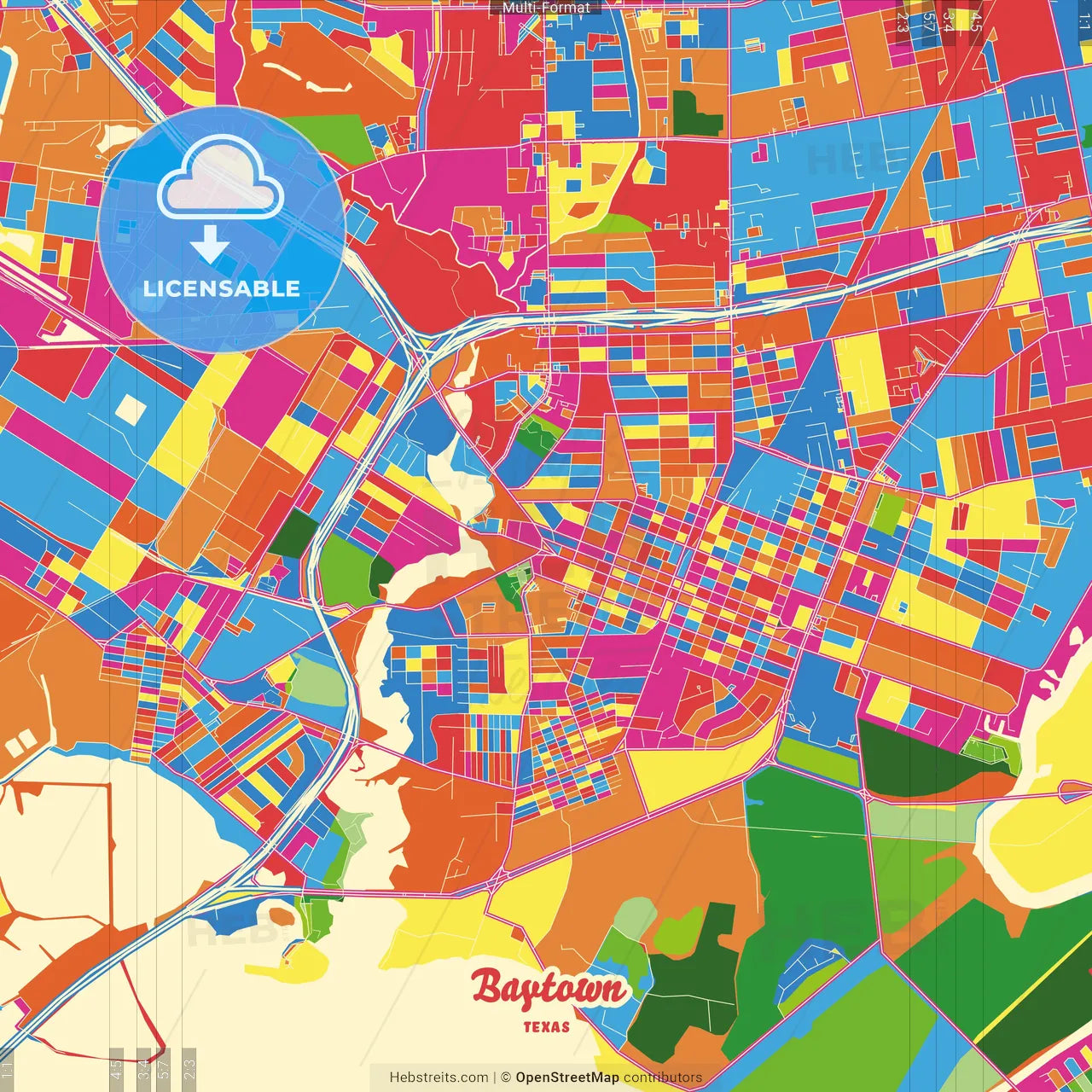 Baytown, Texas, United States Crazy Colorful Street Map Poster Template