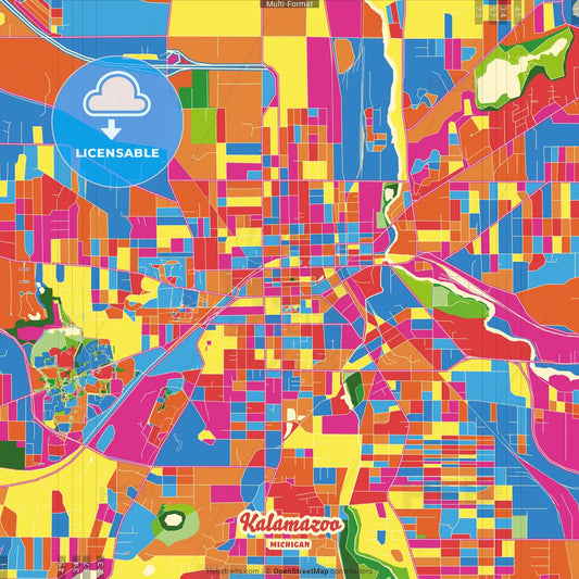 Kalamazoo, Michigan, United States Crazy Colorful Street Map Poster Template