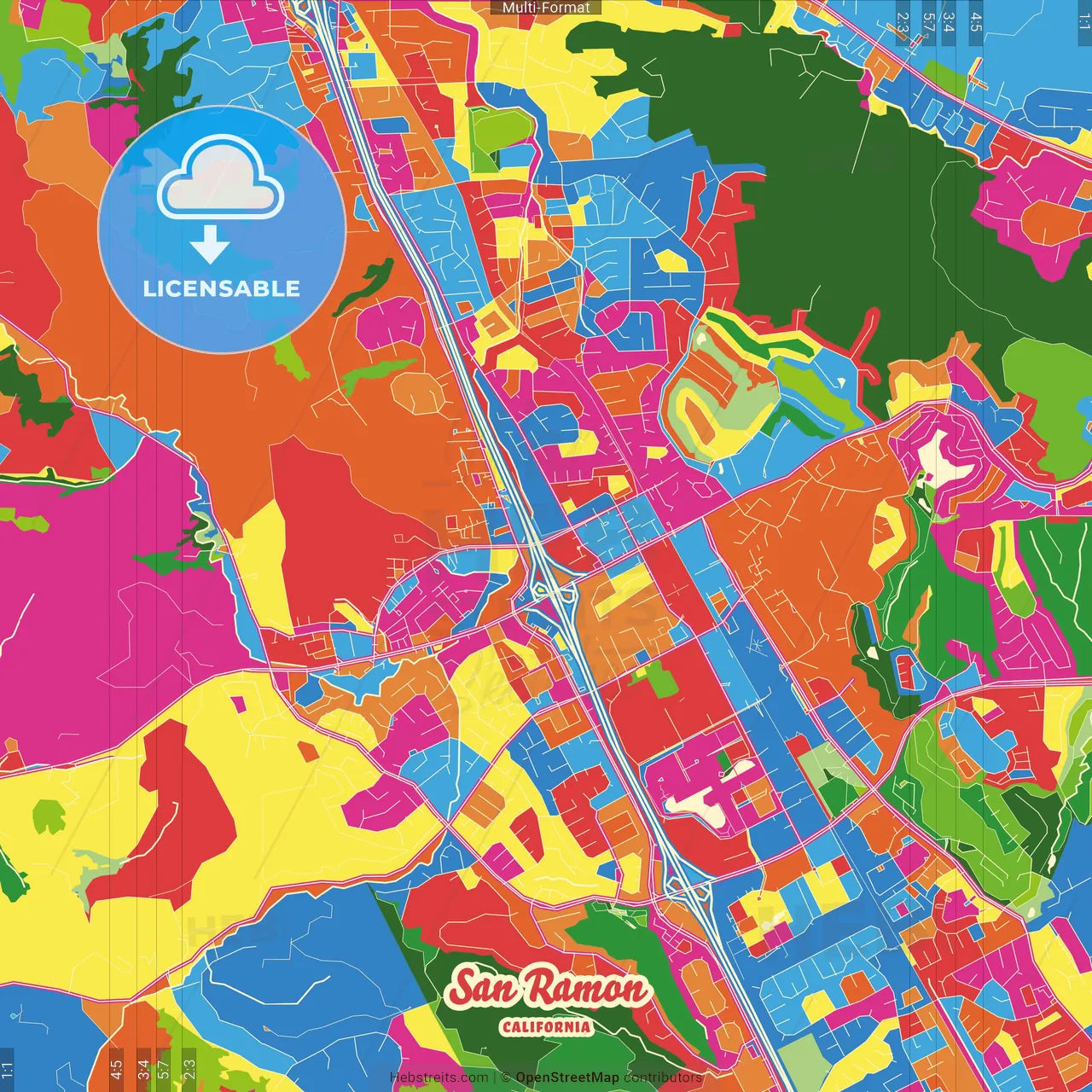 San Ramon, California, United States Crazy Colorful Street Map Poster Template
