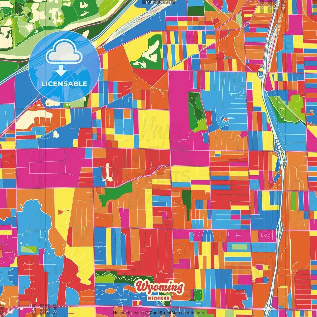 Wyoming, Michigan, United States Crazy Colorful Street Map Poster Template