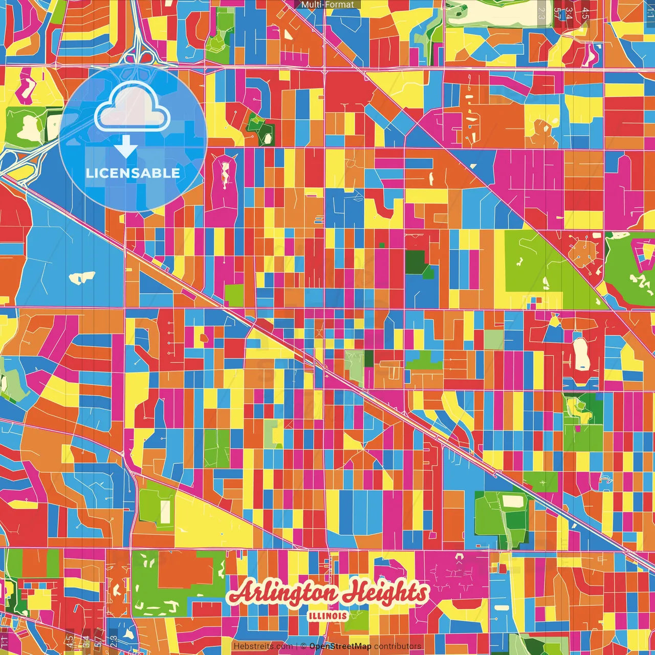 Arlington Heights, Illinois, United States Crazy Colorful Street Map Poster Template
