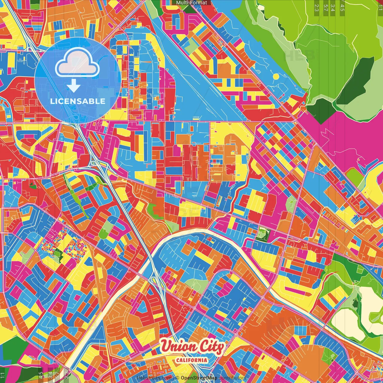 Union City, California, United States Crazy Colorful Street Map Poster Template