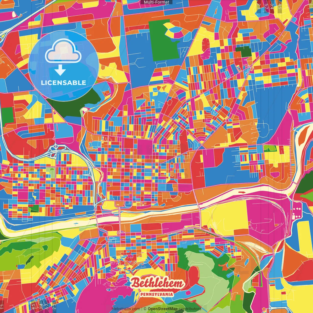 Bethlehem, Pennsylvania, United States Crazy Colorful Street Map Poster Template