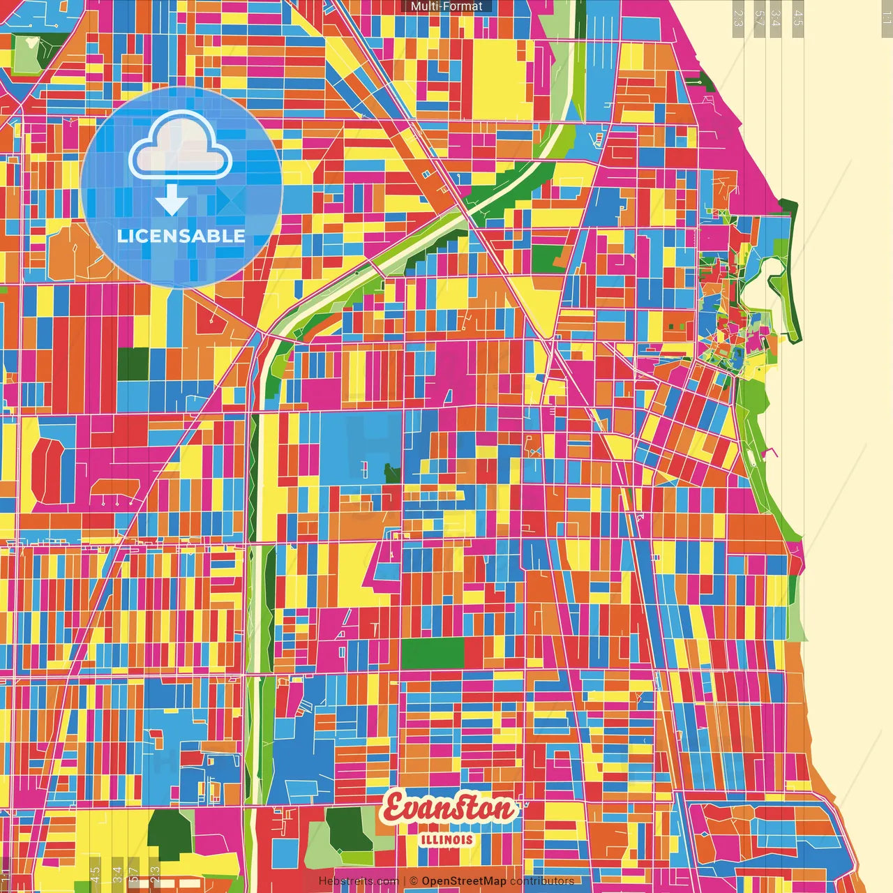 Evanston, Illinois, United States Crazy Colorful Street Map Poster Template