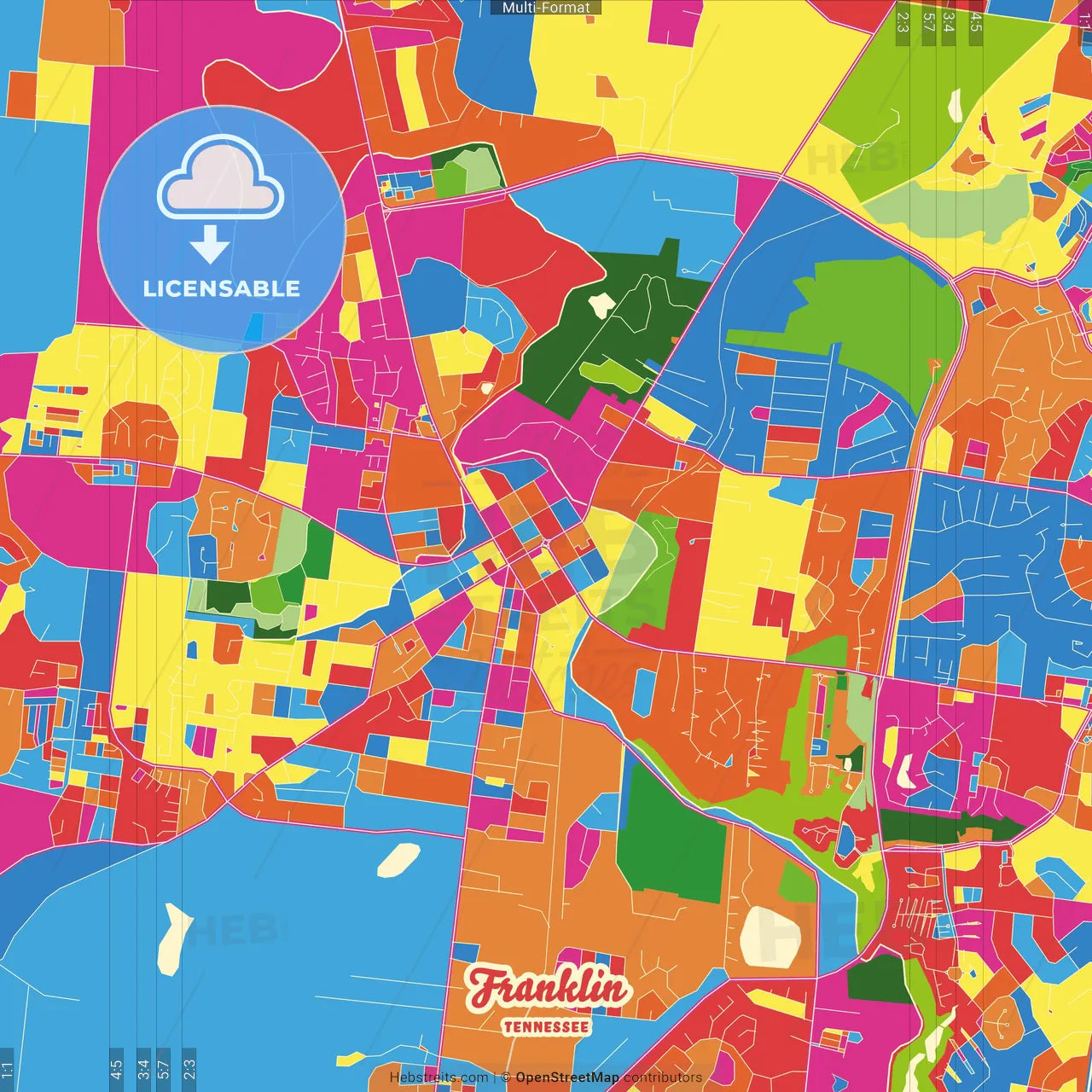 Franklin, Tennessee, United States Crazy Colorful Street Map Poster Template