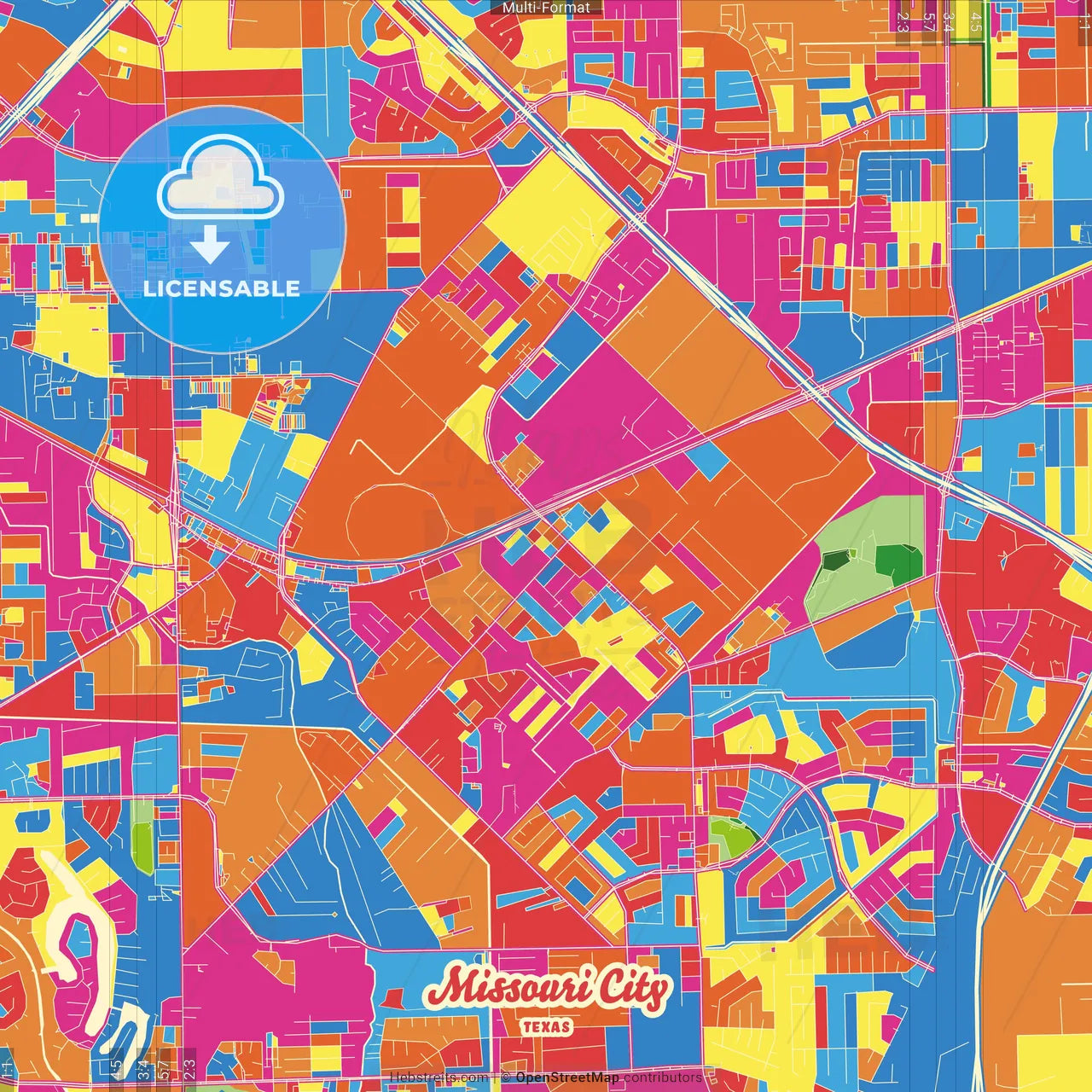 Missouri City, Texas, United States Crazy Colorful Street Map Poster Template